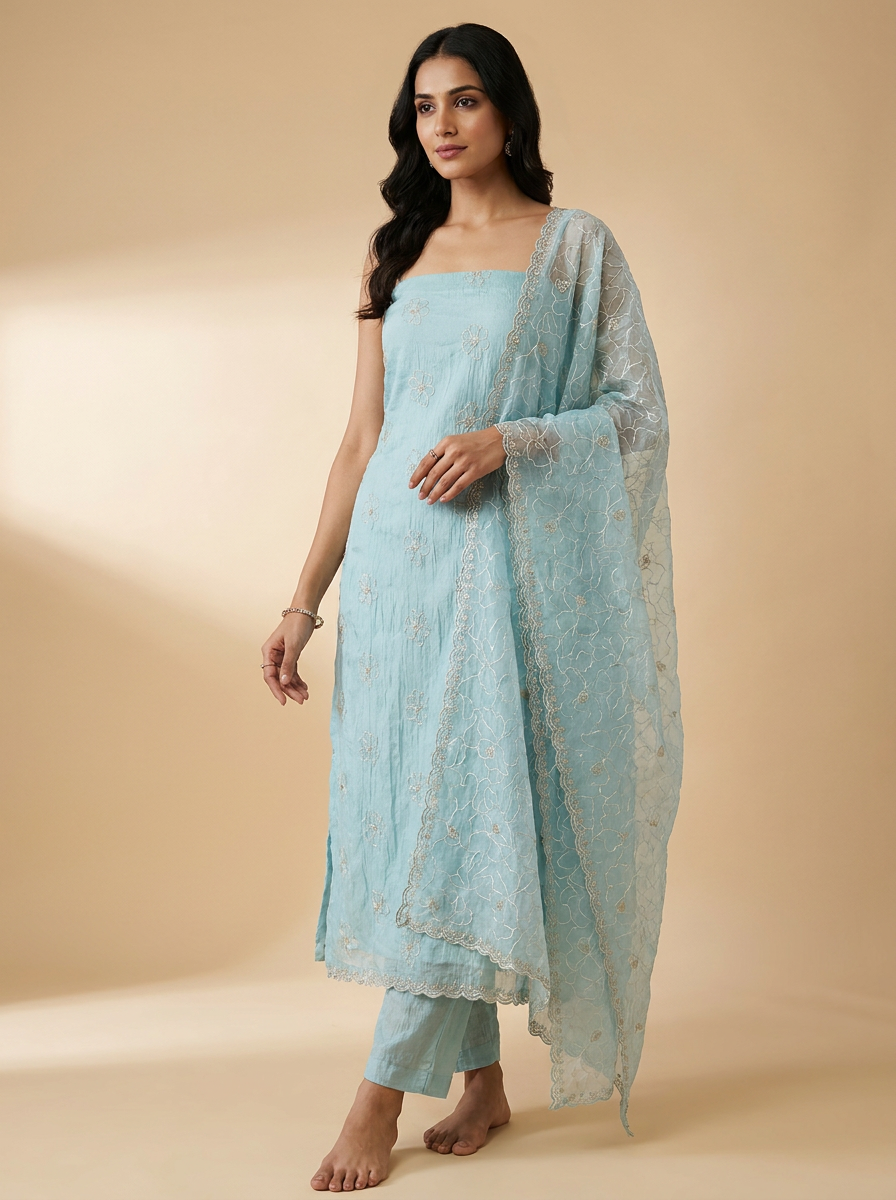 Premium Crushed Organza  Unstitched Salwar Set  with Dupatta