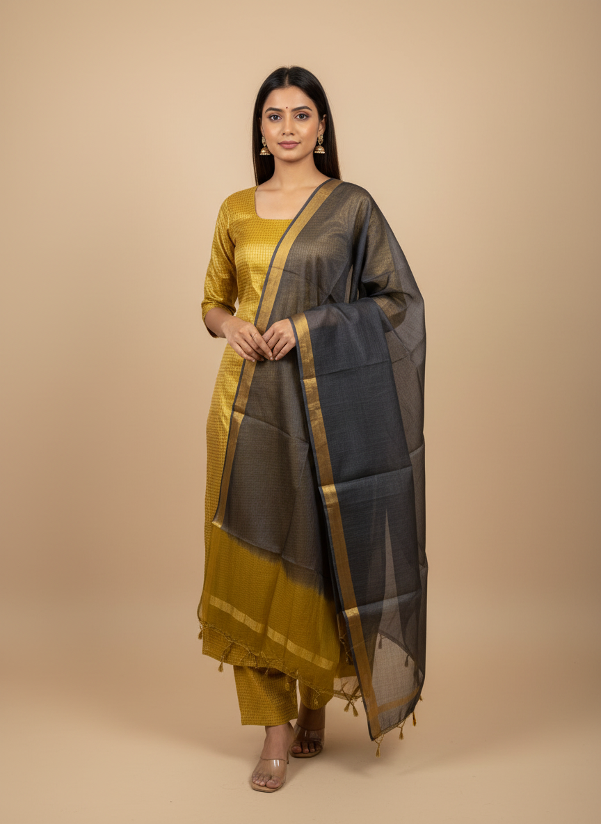 Premium Tussar Silk Unstitched Salwar Material with Contrast Dupatta