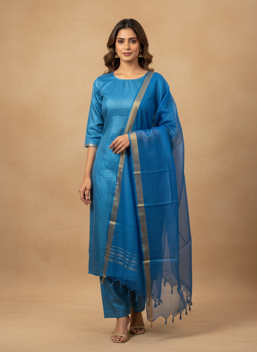 Premium Tussar Silk Unstitched Salwar Material with Contrast Dupatta