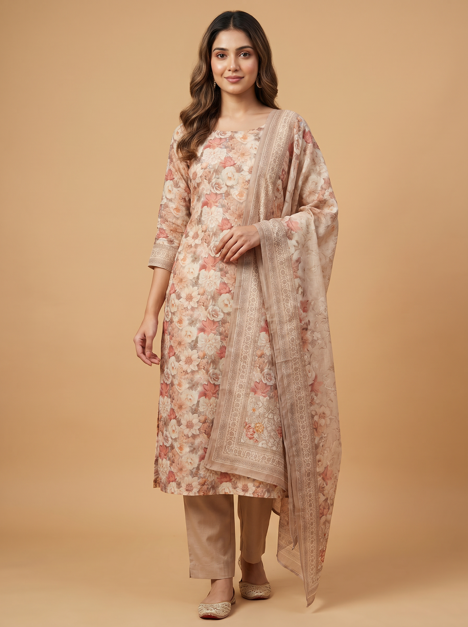 Premium Linen Floral Print Unstitched Salwar Material with Dupatta