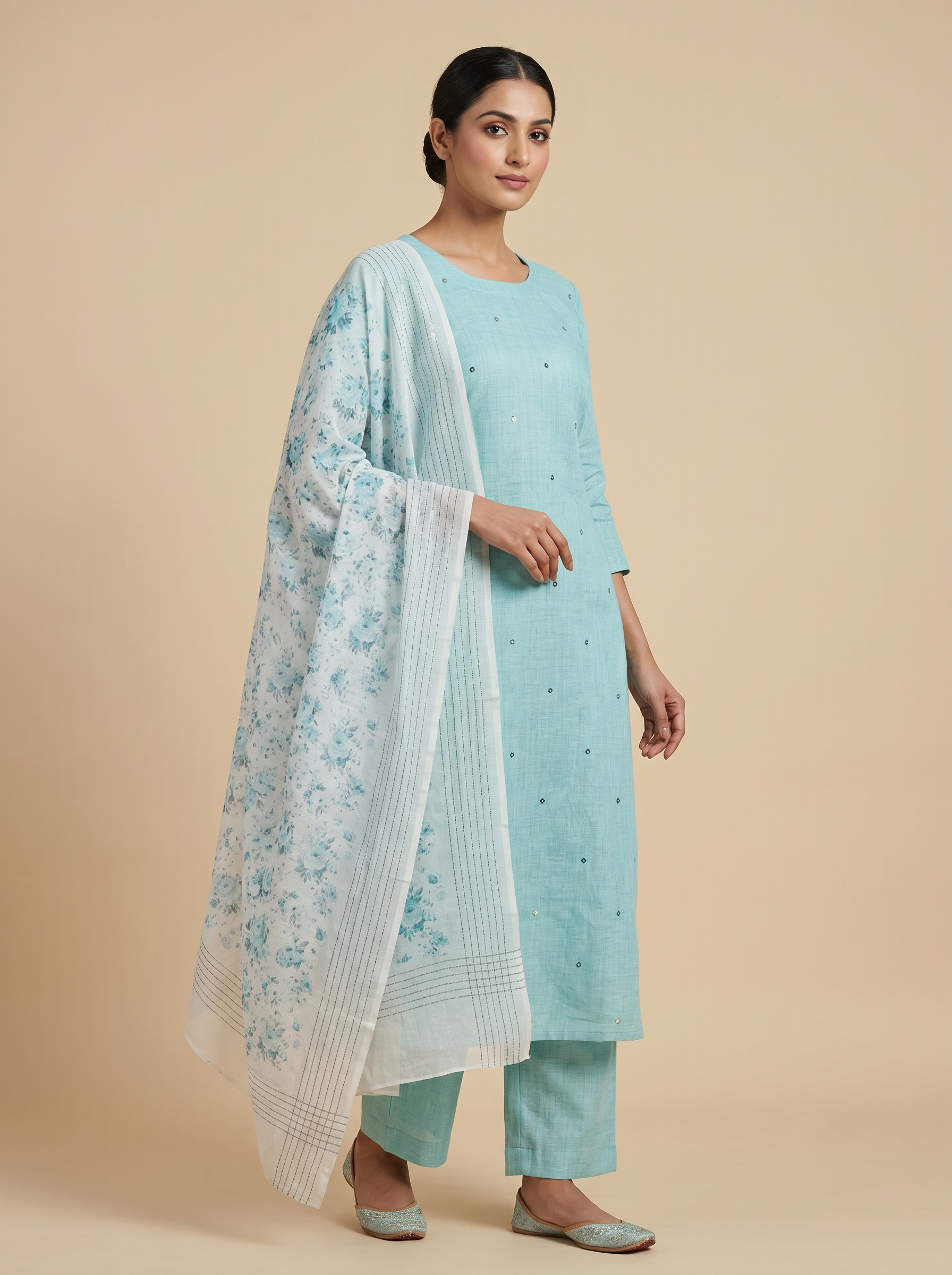 Premium Linen Unstitched Salwar Material with Floral Printed Dupatta