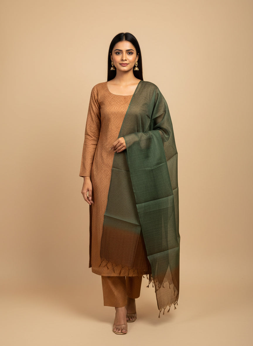 Premium Tussar Silk Unstitched Salwar Material with Contrast Dupatta