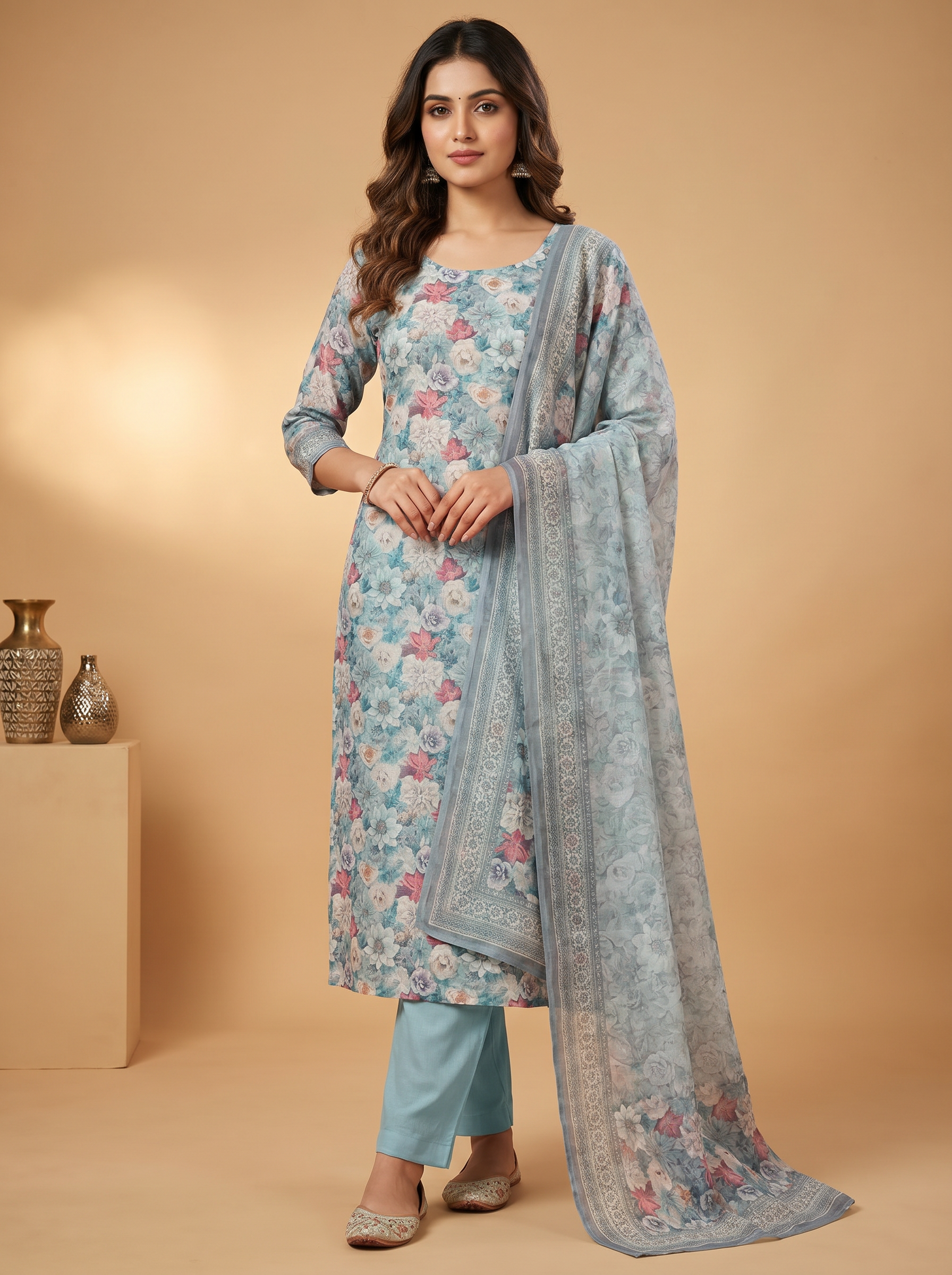 Premium Linen Floral Print Unstitched Salwar Material with Dupatta