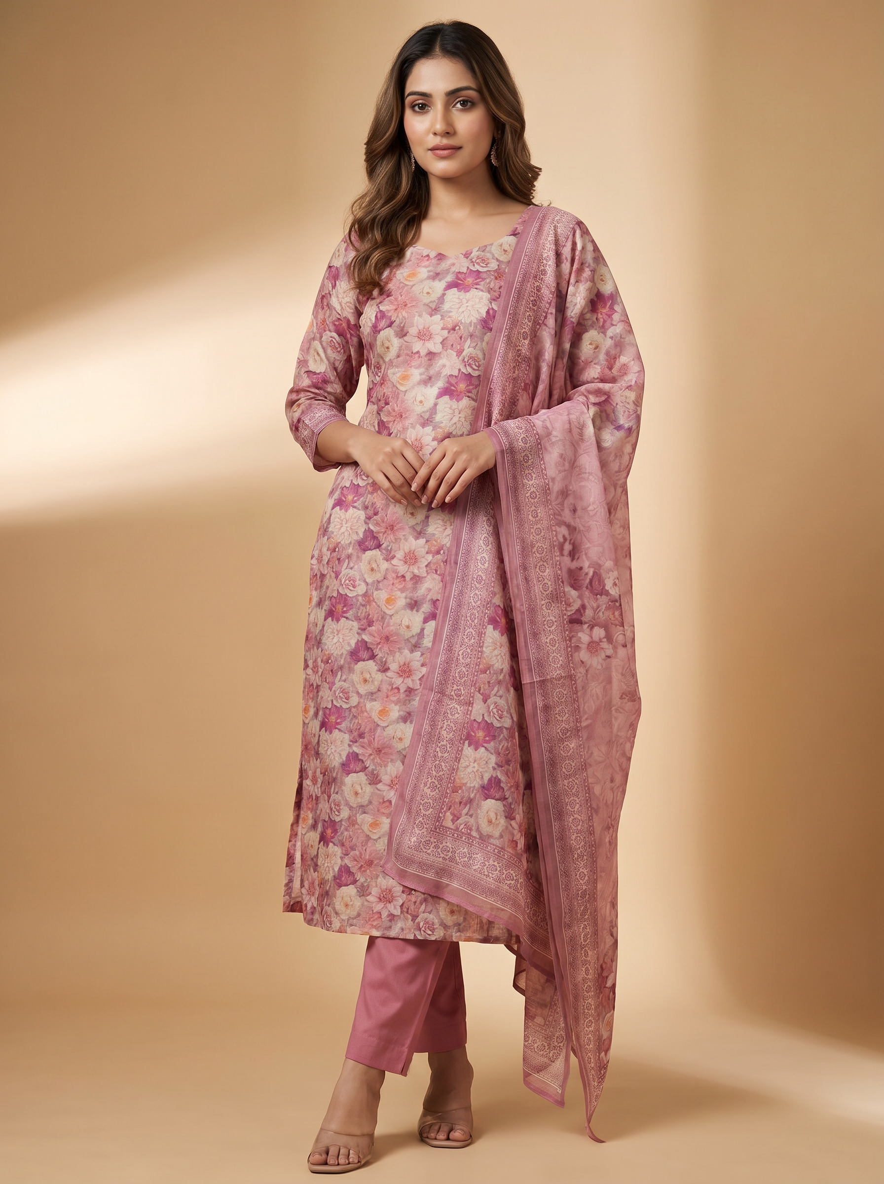 Premium Linen Floral Print Unstitched Salwar Material with Dupatta