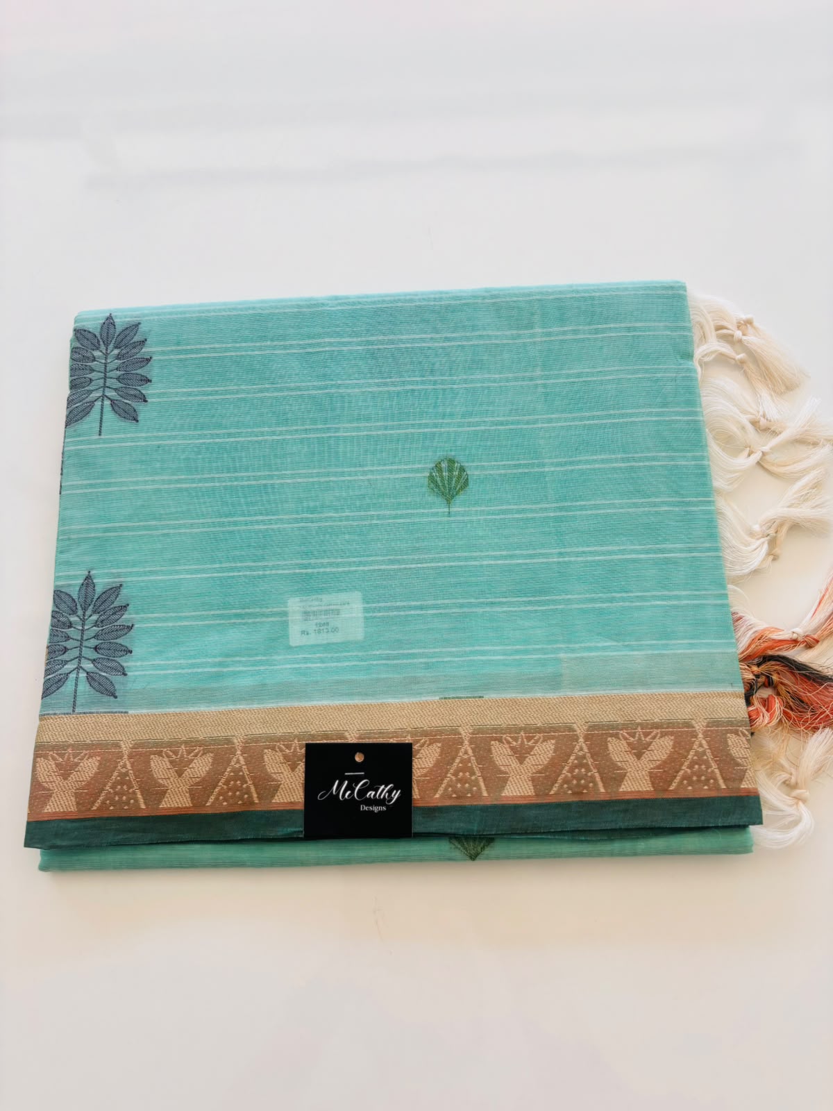 Aqua Green Cotton Saree with Woven Border & Tassels