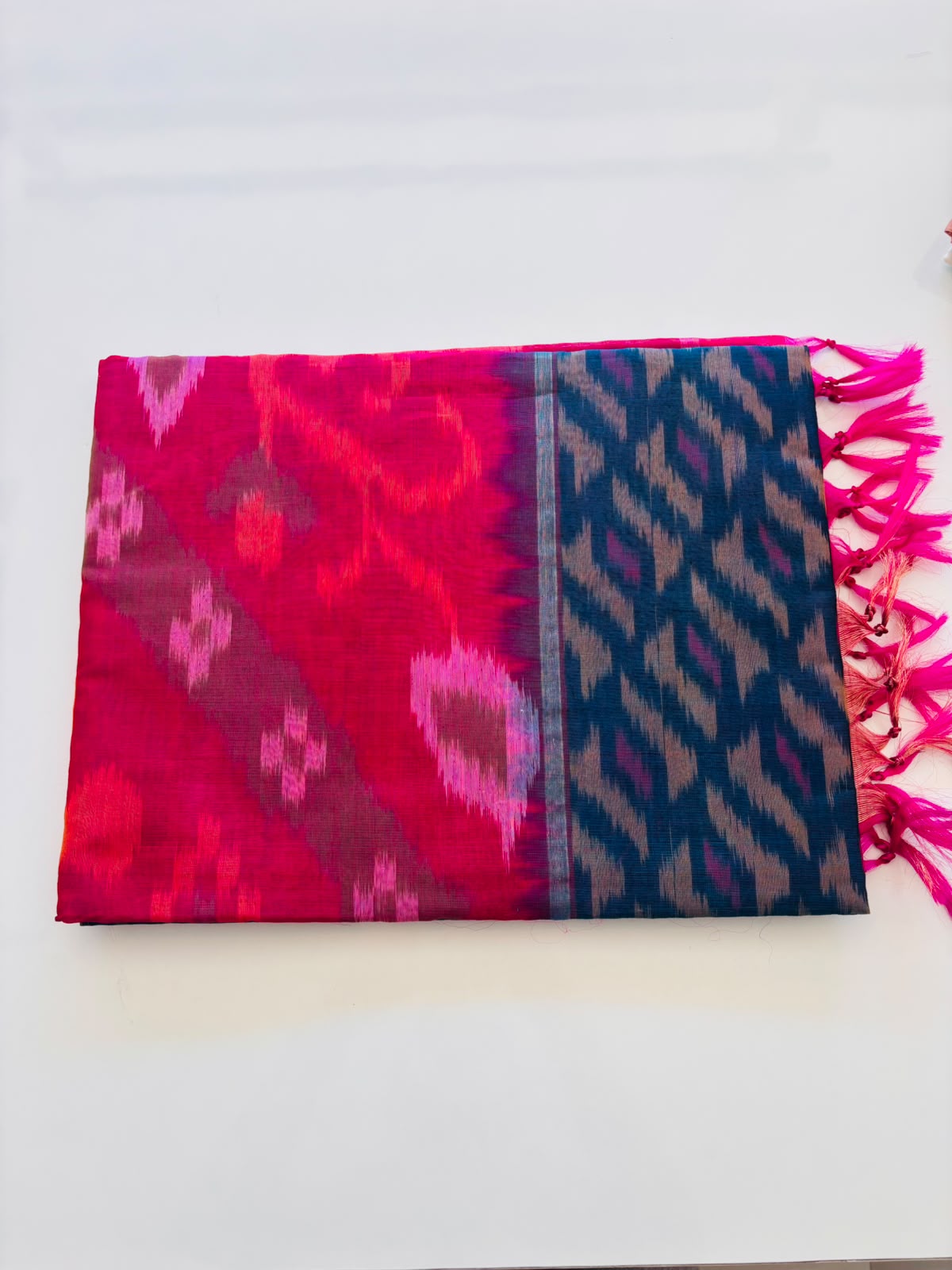 Magenta Pavithra Pattu Saree with Ikat Border & Tassels