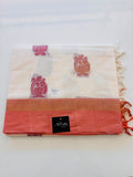 Off White Cotton Saree with Floral Motifs & Peach Border