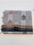 White Checked Cotton Saree with Floral Motifs & Contrast Border