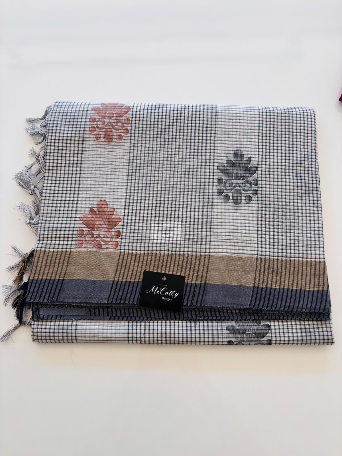 White Checked Cotton Saree with Floral Motifs & Contrast Border