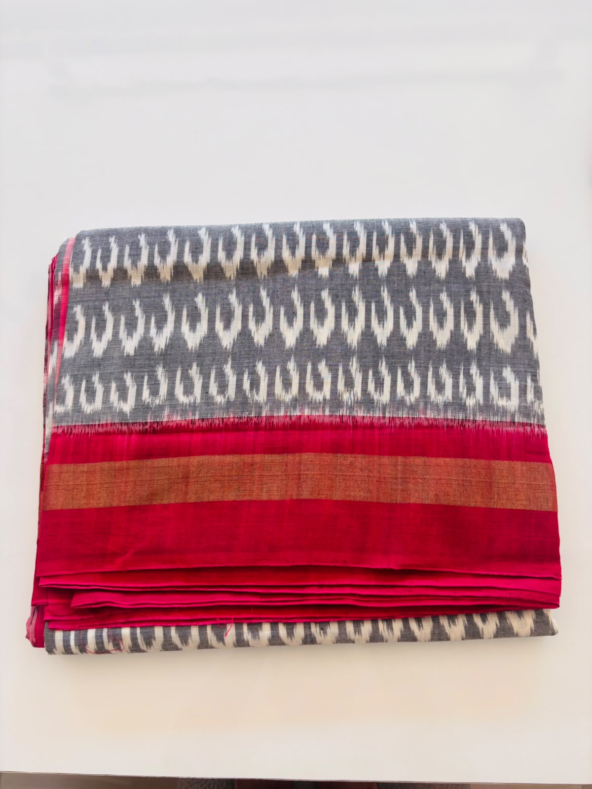 Grey Ikat Cotton Saree with Magenta Border