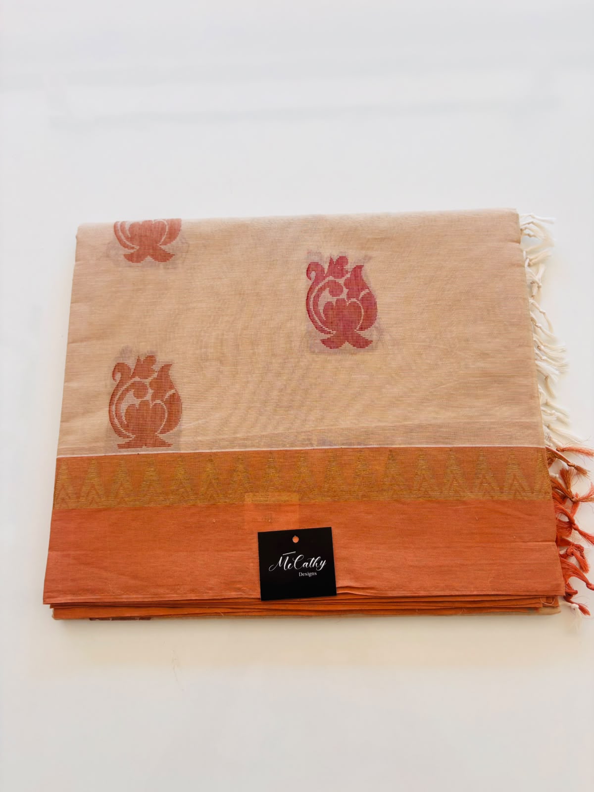 Peach Cotton Saree with Floral Motifs & Contrast Border